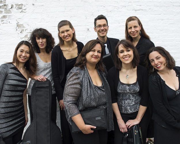 Radius Ensemble -- L to R): Noriko Futagami Herndon, viola; Miriam Bolkosky, cello; Anne Howarth, horn; Jennifer Montbach, oboe, Artistic Director; Eran Egozy, clarinet; Gabriela Diaz, violin; Sarah Brady, flute; Sarah Bob, piano. Not pictured: Adrian Morejon, bassoon. Photo: Liz Linder.
