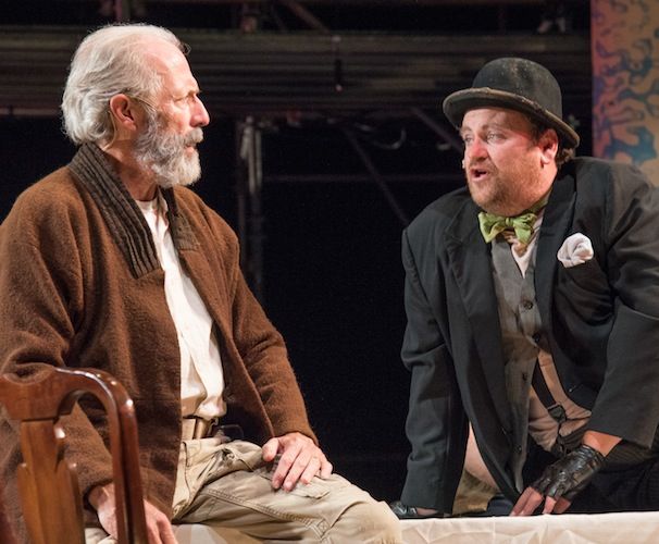 Lill Lyman as King Lear and Brandon Whitehead as the Fool in the Commonwealth Shakespeare Company production of "King Lear." Photo: Andrew Brilliant.