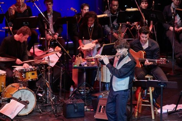 Brazilian Berklee students Raphael Lehnen (drums), Anne Nêgah Santos (percussion), and Edu Mercuri (guitar), with flutist and Berklee faculty member Fernando Brandão.
