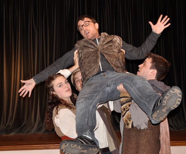Tossing (left to right) Caitlin Rose, Christopher Martel, Matt Arnold (in air), Doug Dulaney