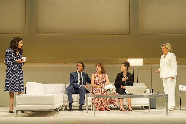 (L to R): Jessica Hecht (Virginia), Bernard White (Charles), Priscilla Lopez (Ana), Guenia Lemos (Matilde), and Jayne Atkinson (Lane) in the Williamstown Theatre Festival production of "The Clean House." Photo: Daniel Rader.