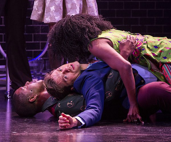 Lawrence E. Street, Aaron Tveit and, Jeannette Bayardelle in the Barrington Stage production of "Company.," Photo: Daniel Rader.