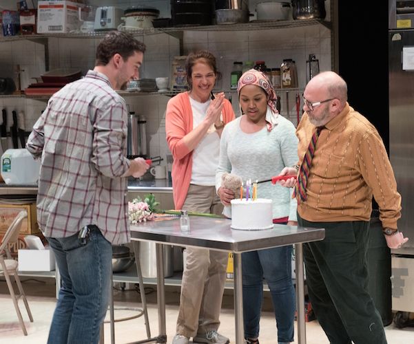Oscar (Alejandro Simoes), Shelley (Melinda Lopez), Emma (Ally Dawson), and Frog (Thomas Derrah) in the SpeakEasy Stage Company production of “Grand Concourse.” Photo: Glenn Perry.