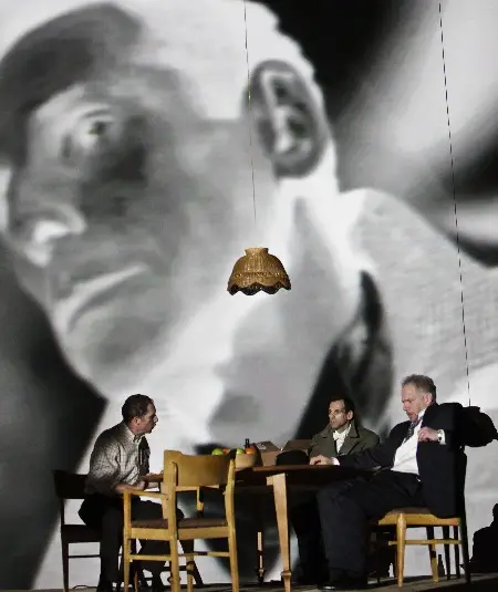 2-paradise-lost David Chandler, T. Ryder Smith, Jonathan Epstein and giant video spirit in Paradise Lose Photo: Marcus Stern.