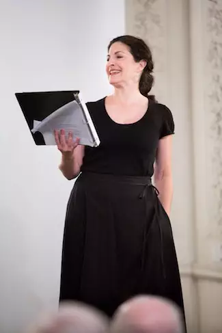 Sarah Newhouse in the staged reading, via Israeli Stage, of "The Whore Form Ohio."