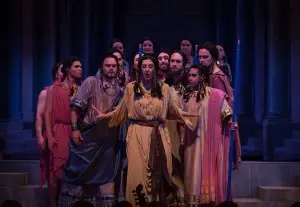 Penelope and the Suitors: Charles Blandy (Anfinomo), Mary-Ellen Nesi (Penelope), Christian Immler (Antinoo), José Lemos (Pisandro), Aaron Sheehan (Eurimaco), and cast.
