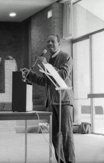 A smiling Ornette Colman at Tufts University in the 1970s. Photo: Michael Ulman.