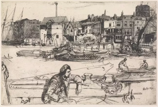 Black Lion Wharf, 1859, etching, The Lunder Collection Colby College Museum of Art . Photo: Courtesy of the The Clark Art Museum.