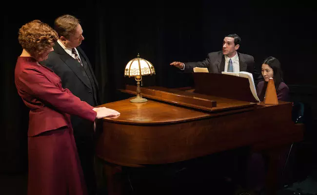 Debra Wise, Steven Barkhimer, Robert Najarian, and Han Nah Son (piano) in the URT production of "Copenhagen." Photo: A.R. Sinclair. Photography.