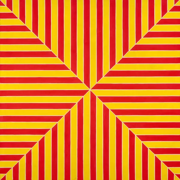 Frank Stella (b. 1936), Marrakech, 1964. Fluorescent alkyd on canvas. 77 × 77 × 2 7/8 in. (195.6 × 195.6 × 7.6 cm). The Metropolitan Museum of Art, New York; gift of Mr. and Mrs. Robert C. Scull, 1971 (1971.5). © 2015 Frank Stella/Artists Rights Society (ARS), New York