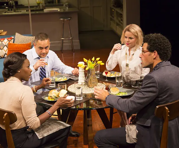 Shirine Babb as Jory, Rajesh Bose as Amir, Nicole Lowrance as Emily, and Benim Foster as Isaac in Disgraced