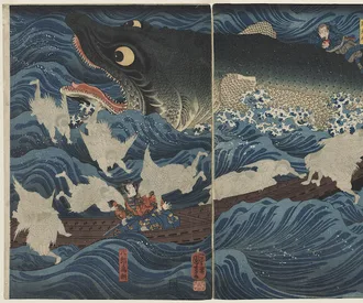 "The Former Emperor [Sutoku] from Sanuki Sends His Retainers to  Rescue Tametomo" (Sanuki no in kenzoku o shite Tametomo o sukuu  zu), Utagawa Kuniyoshi. Photo: courtesy of the Museum of Fine Arts, Boston.